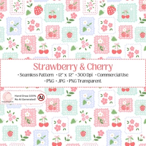 Strawberry Cherry Seamless Pattern | Cottagecore Floral Fruit Digital Paper Preppy Patchwork | Commercial Use