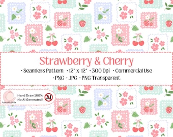 Strawberry Cherry Seamless Pattern | Cottagecore Floral Fruit Digital Paper Preppy Patchwork | Commercial Use