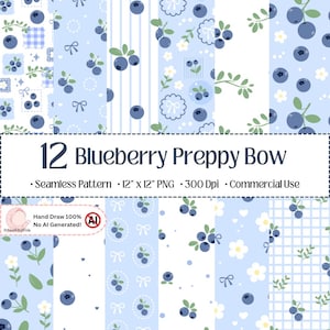 May include: A collection of 12 seamless patterns with a blueberry and bow theme. The patterns feature blueberries, bows, and floral elements on a light blue background. The text reads "12 Blueberry Preppy Bow".