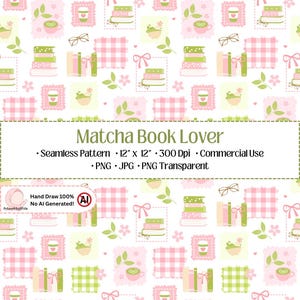 Matcha Book Lover Seamless Pattern | Preppy Patchwork Pink Green Latte Digital Paper | Commercial Use