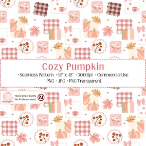 Könnte beinhalten: Ein nahtloses Muster mit herbstlichen Illustrationen wie Kürbissen, Karomustern, Kaffeetassen, Büchern, Schleifen und Blättern in Rosa-, Braun- und Cremetönen. Der Text lautet Cozy Pumpkin, Seamless Pattern, 12" x 12", 300 Dpi, Commercial Use, PNG, JPG, PNG Transparent, Hand Draw 100% No AI Generated!