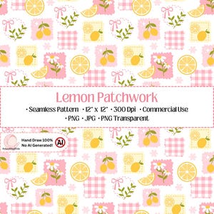 May include: A seamless digital pattern featuring yellow lemons, white daisies, pink gingham squares, and small bows on a white background. The text reads Lemon Patchwork, Seamless Pattern, 12" x 12", 300 Dpi, Commercial Use, PNG, JPG, PNG Transparent.