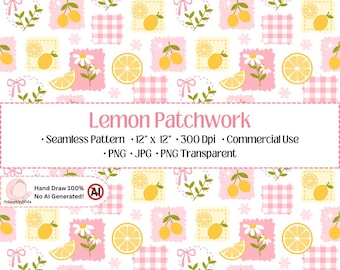 Lemon Patchwork Seamless Pattern | Pastel Citrus Digital Paper | Yellow Pink Fruit Background | Commercial Use