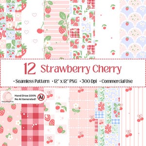 Strawberry Cherry Seamless Pattern | Digital Paper Preppy Patchwork | Cottagecore Floral Fruit Background | Commercial Use
