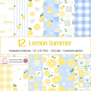 May include: A collection of 12 seamless patterns with a lemon summer theme. The patterns feature lemons, lemon slices, bows, and gingham designs in yellow and blue. The text reads "12 Lemon Summer" and "Hand Draw 100% No AI Generated!"