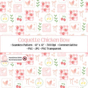 Coquette Chicken Seamless Pattern | Pastel Strawberry Farm Chicks & Bows Digital Paper (Commercial Use)