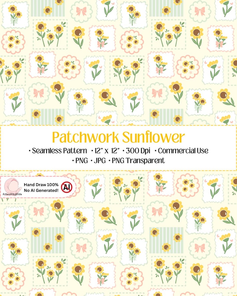 Patchwork Sunflower, Sunflower Seamless, Checkered Floral, Floral Digital Paper, Spring Scrapbook, Sunflower Scrapbook, Seamless Floral, Digital Paper Pack, Printable Background, Sunflower Background, Checkered Pattern, Summer Scrapbook, Commercial Use,