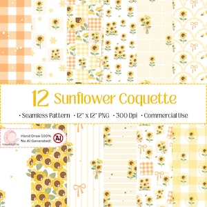 Puede incluir: Una colección digital de 12 patrones sin costuras con motivos de girasoles y lazos en amarillo, naranja y blanco. Los diseños incluyen cuadros vichy, rayas y arreglos florales. El texto dice 12 Sunflower Coquette, Seamless Pattern, 12" x 12" PNG, 300 Dpi, Commercial Use y Hand Draw 100% No AI Generated.