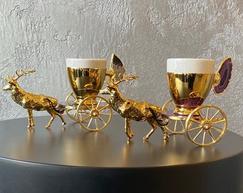 Set of 2 coffee cups, expresso, Turkish coffee with deer sculpture.