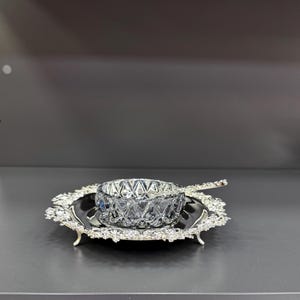 brass plated sauce, sugar, lemon and sugar bowl with silver tray