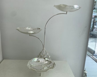 3 different sizes of silver plated cake, cookie and fruit stands.