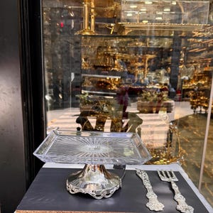 silver plated cake, cookie, cookie, dessert and snack stand.