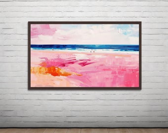 Cuadro abstracto rosa de chica playera, estampado de vaquera costera, arte de pared de apartamento azul y rosa, póster moderno para dormitorio, nieta costera