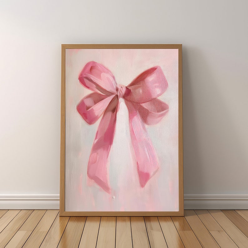May include: A pink satin bow painted in a soft, painterly style. The bow is tied in a simple knot and the ends are left loose. The background is a light pink.