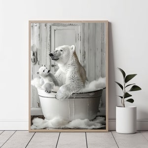 Adorable polar bears in tub printable artwork | instant download | polar bear print | Bathroom art print | black and white