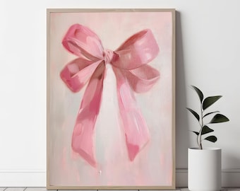 Balletcore wall art, Pink Bow painting, coquette room print, aesthetic teen girls, blush preppy girly poster, dorm college apartment decor