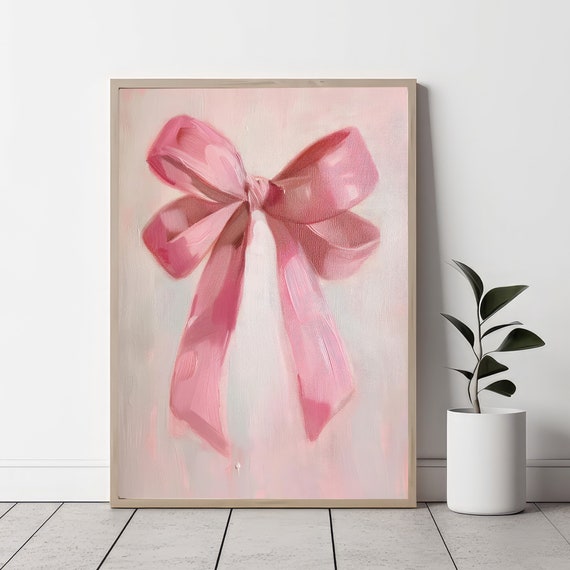 Balletcore wall art, Pink Bow painting, coquette room print, aesthetic teen girls, blush preppy girly poster, dorm college apartment decor
