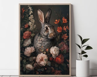 Whimsical girl woodland nursery wall art, farmhouse Rabbit print, cottagecore nursery, forest kids room decor, Floral animal Pastel