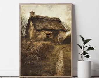 Vintage zomerhuisje schilderij AFDRUKBARE digitale download kunst aan de muur | Boerderijdecoratie