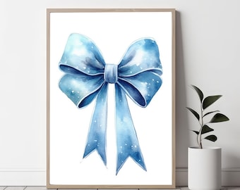 blue bow chinoiserie nursery print, grandmillenial wall art, coquette room decor, coastal grandaughter painting, preppy girly poster