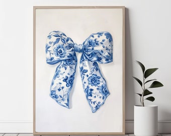 blue bow chinoiserie nursery print, grandmillenial wall art, coquette room decor, coastal grandaughter painting, preppy girly poster