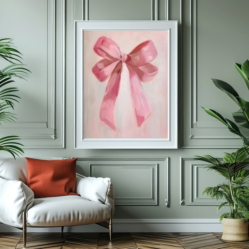 May include: A pink satin bow tied in a large, elegant knot, painted in a realistic style on a light pink background.