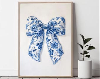Lámina infantil estilo chinoiserie con lazo azul, arte mural grandmillenial, decoración de habitación coqueta