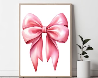 Balletcore wall art, Pink Bow painting, coquette room print, aesthetic teen girls, blush preppy girly poster, dorm college apartment decor