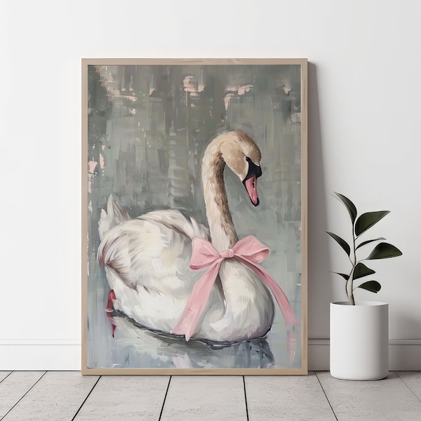 swan with a pink bow print, soft pink girly nursery painting, dreamy Balletcore wall art, pastel coquette aesthetic teen girl bedroom poster