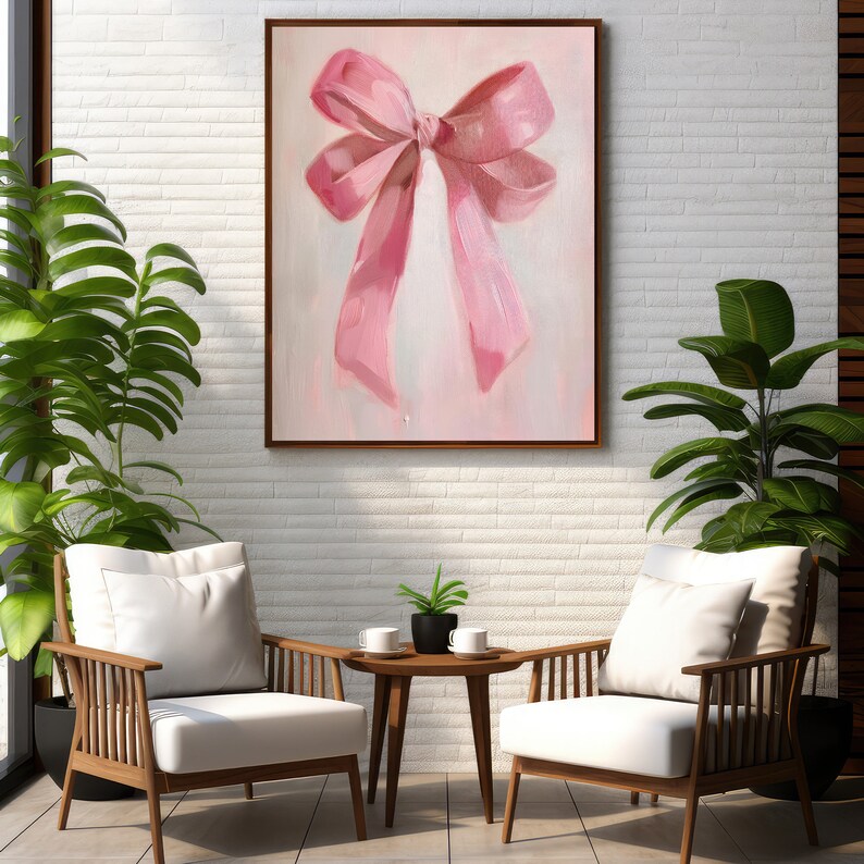 May include: A painting of a large pink bow on a light pink background. The bow is tied with a knot in the centre and the ends of the ribbon are flowing down.