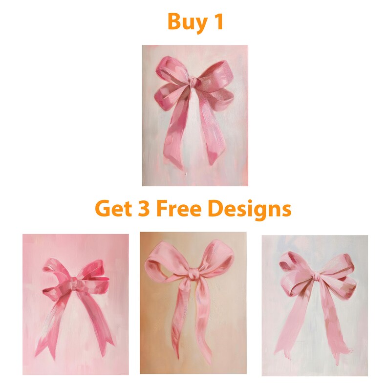 May include: Buy 1 get 3 free designs. Three pink satin bows with a light pink background. The bows are tied in a simple knot with the tails of the ribbon hanging down.