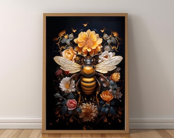 Autumn dark botanical print, spring dark academia wall art, moody floral bee dark cottagecore artwork printable digital download