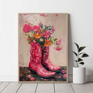 Pink Cowgirl boots Painting print, hot pink Western nursery printable, dorm room wall art, Boho girly decor digital download
