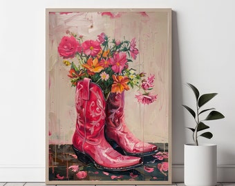 Pink Cowgirl boots Painting print, hot pink Western nursery printable, dorm room wall art, Boho girly decor digital download