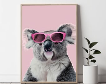 Impresión divertida de koala / Descarga instantánea / Arte mural de koala / Decoración infantil / Regalo de koala / Oso koala / Estampado animal / Animal con gafas de sol