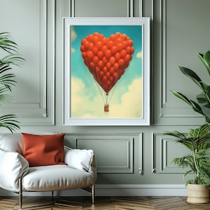 Valentines Day Heart Hot Air Balloon, Valentines Wall Art Valentines Day Decor, Romantic Wall Art, Valentines Day Gift For Her Art Print