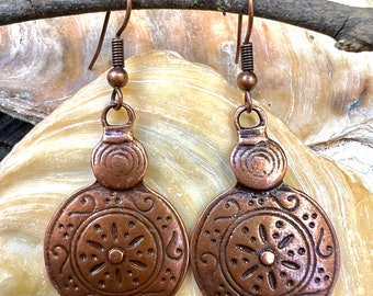 Boho baumeln Ohrringe, Kupfer Ohrringe, Mandala Design, Boho Schmuck, Geschenk für sie