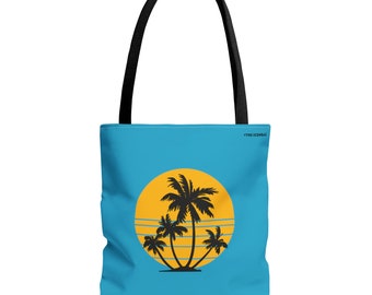 Sunset palm trees Tote Bag, light blue beach bag