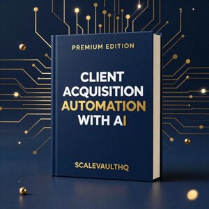Puede incluir: Un libro de tapa dura azul oscuro titulado PREMIUM EDITION CLIENT ACQUISITION AUTOMATION WITH AI y SCALEVAULTHQ. La portada presenta texto en blanco y dorado sobre un fondo azul profundo con un patrón de circuito impreso dorado que irradia hacia afuera.