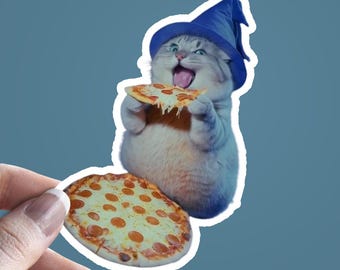 Zauberer Katze isst Pizza Meme AI Aufkleber – süß, lustig, Laptop-Aufkleber, Wasserflaschen-Aufkleber, Geschenk für Katzenliebhaber