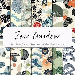May include: A collection of 34 seamless, repeatable patterns inspired by Zen gardens. The patterns feature a variety of designs, including waves, flowers, rocks, and geometric shapes. The patterns are in a variety of colours, including blue, green, beige, and black.