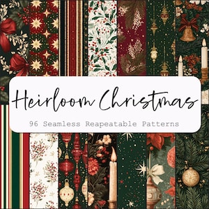 Op de afbeelding: Een collectie van 96 naadloze, herhaalbare patronen getiteld Heirloom Christmas, met feestelijke afbeeldingen waaronder rode strikken, gouden bellen, brandende kaarsen, hulstbessen, dennentakken, kerststerren en ornamenten in rood, groen en goud.