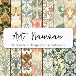 Könnte beinhalten: Eine Sammlung von 69 nahtlosen, wiederholbaren Art-Nouveau-Mustern. Die Muster zeigen komplizierte florale Designs, Vögel, Schmetterlinge und geometrische Formen in einer Vielzahl von Farben, darunter Grün, Blau, Gelb und Rot.