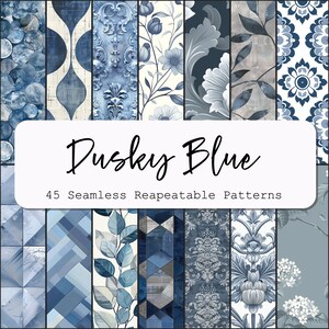 May include: A collection of 45 seamless, repeatable patterns in shades of blue. The patterns include geometric shapes, floral designs, and damask patterns.