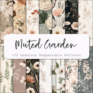 Puede incluir: Una colección de 102 patrones repetibles sin costuras titulada Muted Garden, que presenta diversas ilustraciones botánicas que incluyen flores, mariposas y follaje en paletas de colores apagados de crema, beige, verde salvia y negro.