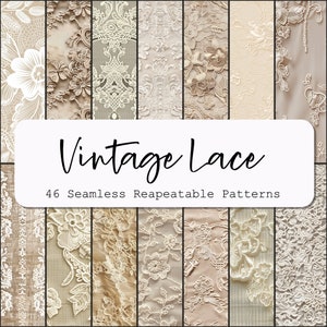 Puede incluir: Una colección de 46 patrones de encaje vintage sin costuras y repetibles. La imagen muestra varios diseños de encaje beige y crema, incluyendo patrones florales y geométricos. El texto "Vintage Lace" y "46 Seamless Repeatable Patterns" se muestra sobre un fondo blanco.