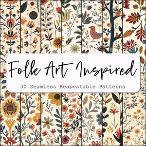 May include: A set of 30 seamless, repeatable patterns inspired by folk art. The patterns feature a variety of floral designs in warm colours like red, orange, yellow, and green, with some patterns also including birds and trees.
