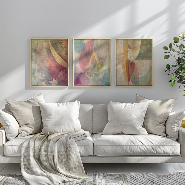 Set of 3 abstract spring tones printable wall art soft muted colors set of 3 art prints abstract art bundle digital download trendy wall art