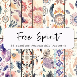 Boho Nahtlos All-Over-Druck digitales Papier Pack rapportierbares Muster boho Federn Blumen weiche Pastelltöne canva Photoshop Scrapbooking