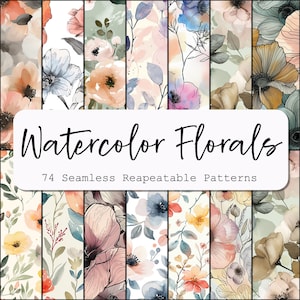 May include: A collection of 74 watercolour floral patterns. The patterns feature various flowers in shades of pink, blue, yellow, and green. The patterns are seamless and repeatable, making them perfect for a variety of creative projects.